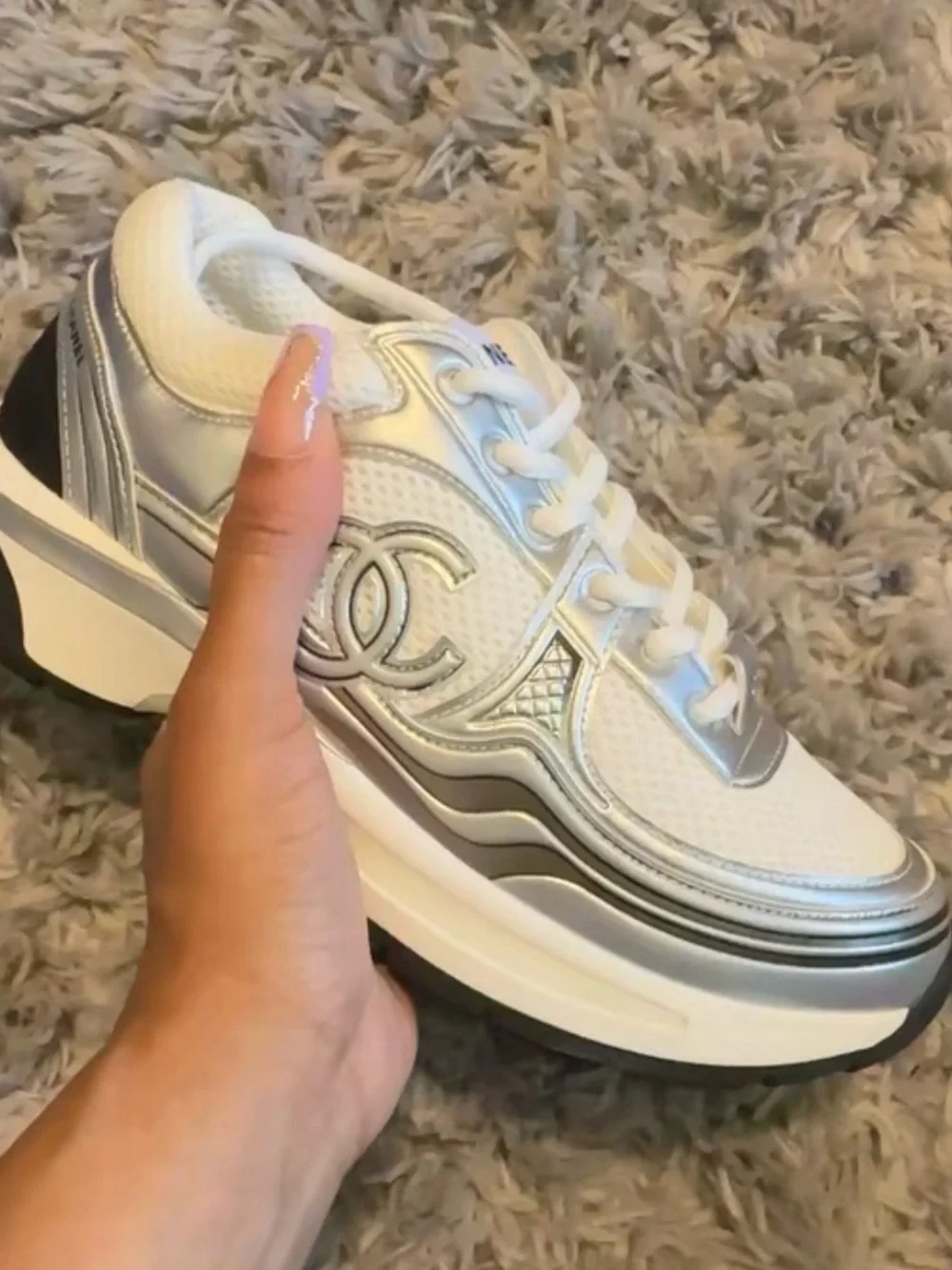 CHANEL White & Silver Platform Lace-Up Sneaker